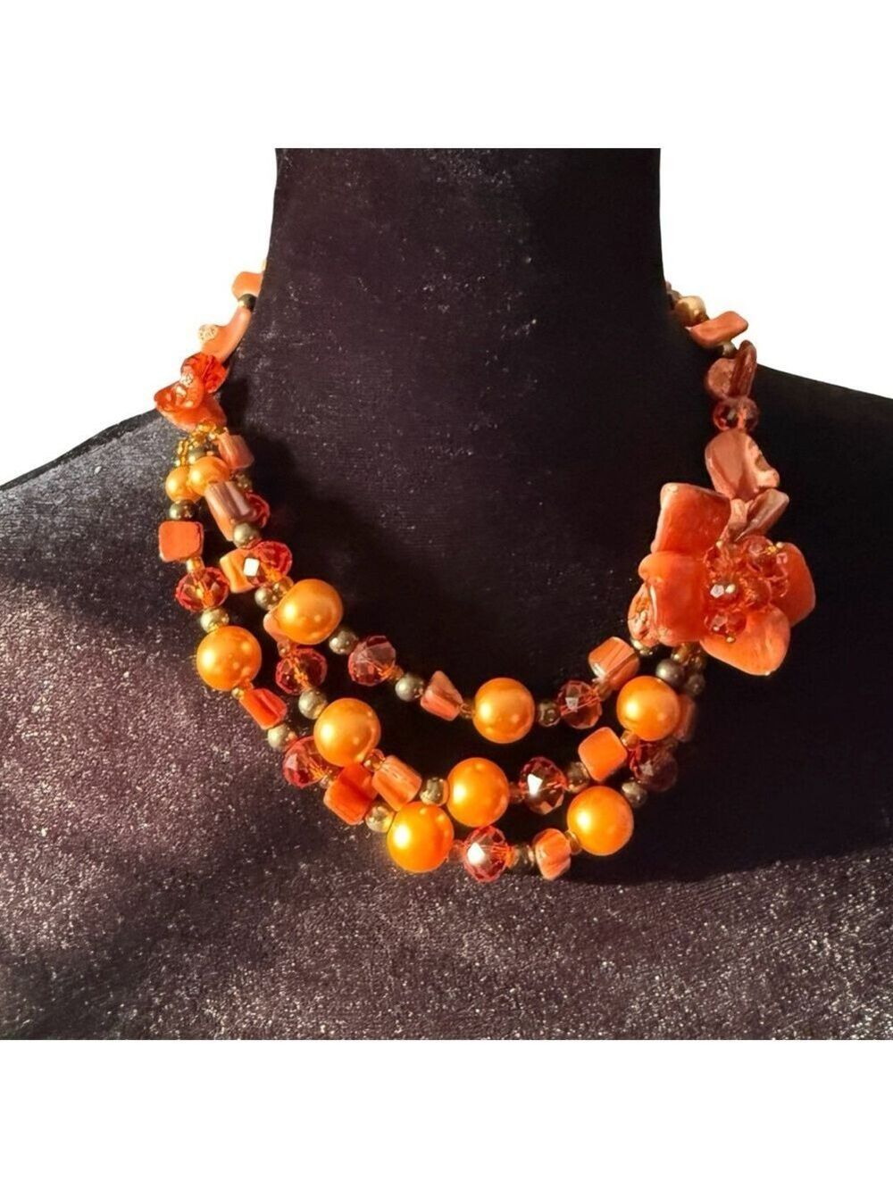 VINTAGE 80s Orange Coral Chip Glass Beads and Pearl Choker Necklace 20” RARE